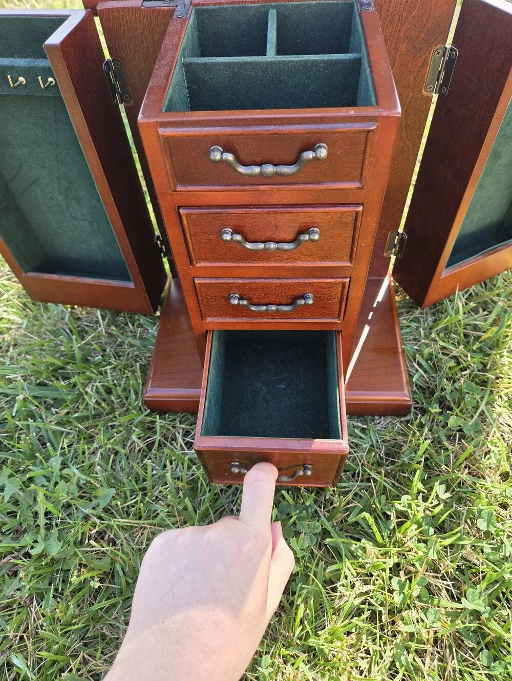 Vintage 1987 The Bombay Company Wooden Jewelry Armoire Box | Green Velvet Lined